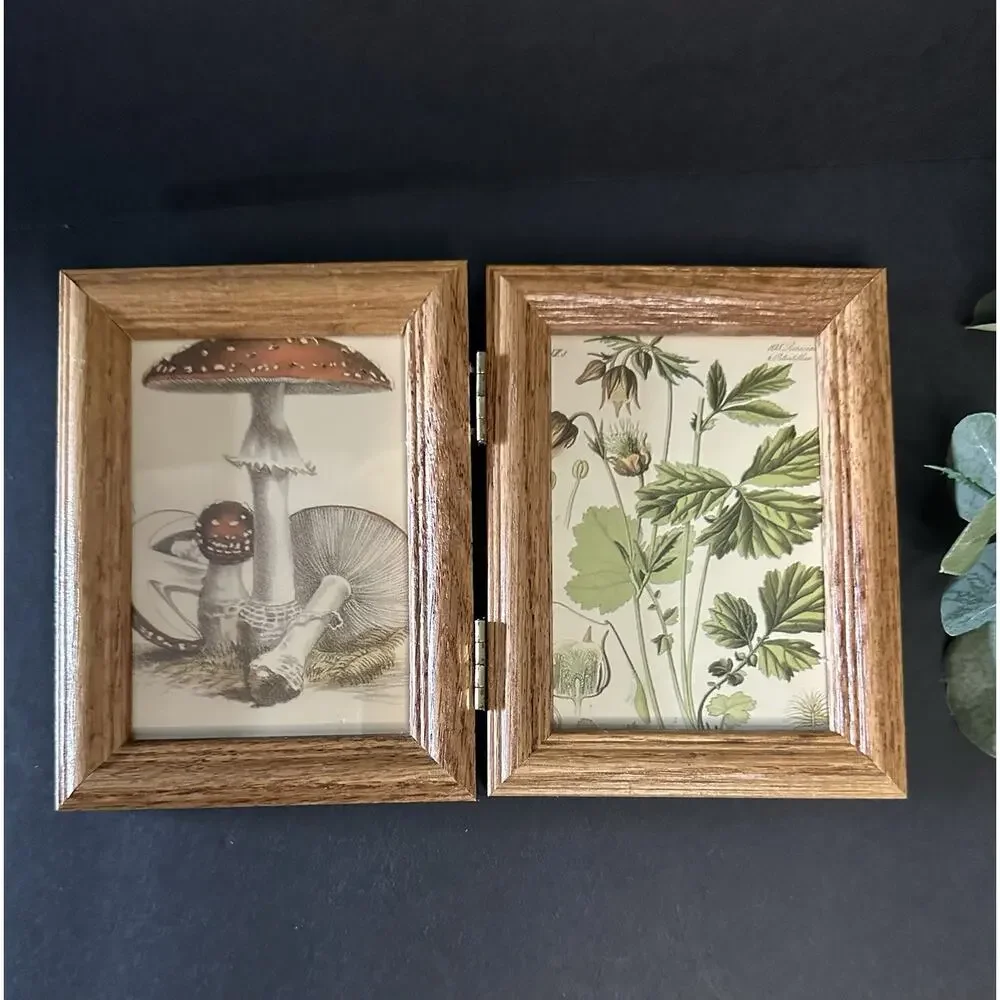Hinged Double Wood Picture Frame 4.5x6 Mushroom Botanical Prints Cottagecore